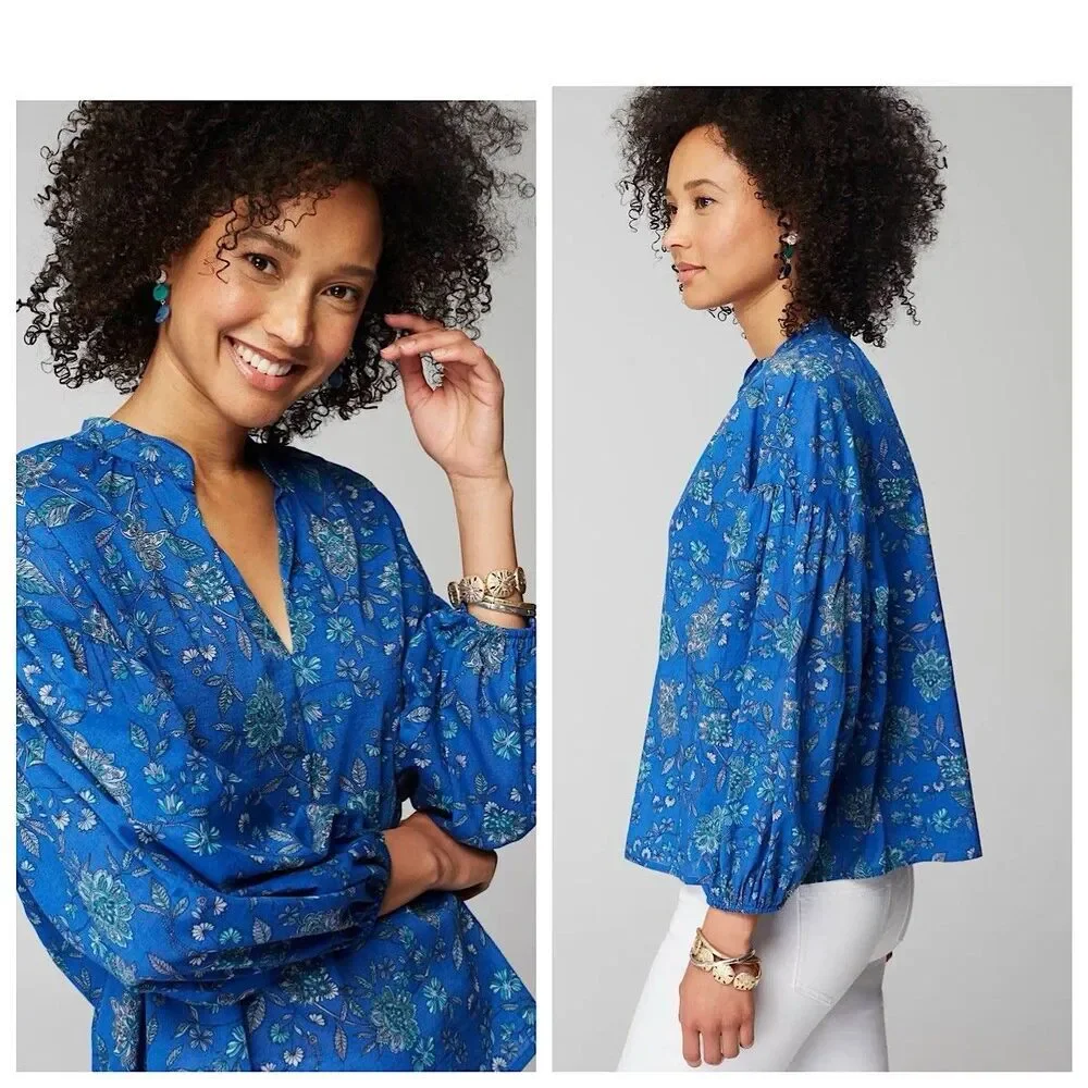 J. Jill Oversized Blue Floral Split Neck Top Womens Sz XL Pullover Lightweight - Picture 2 of 12